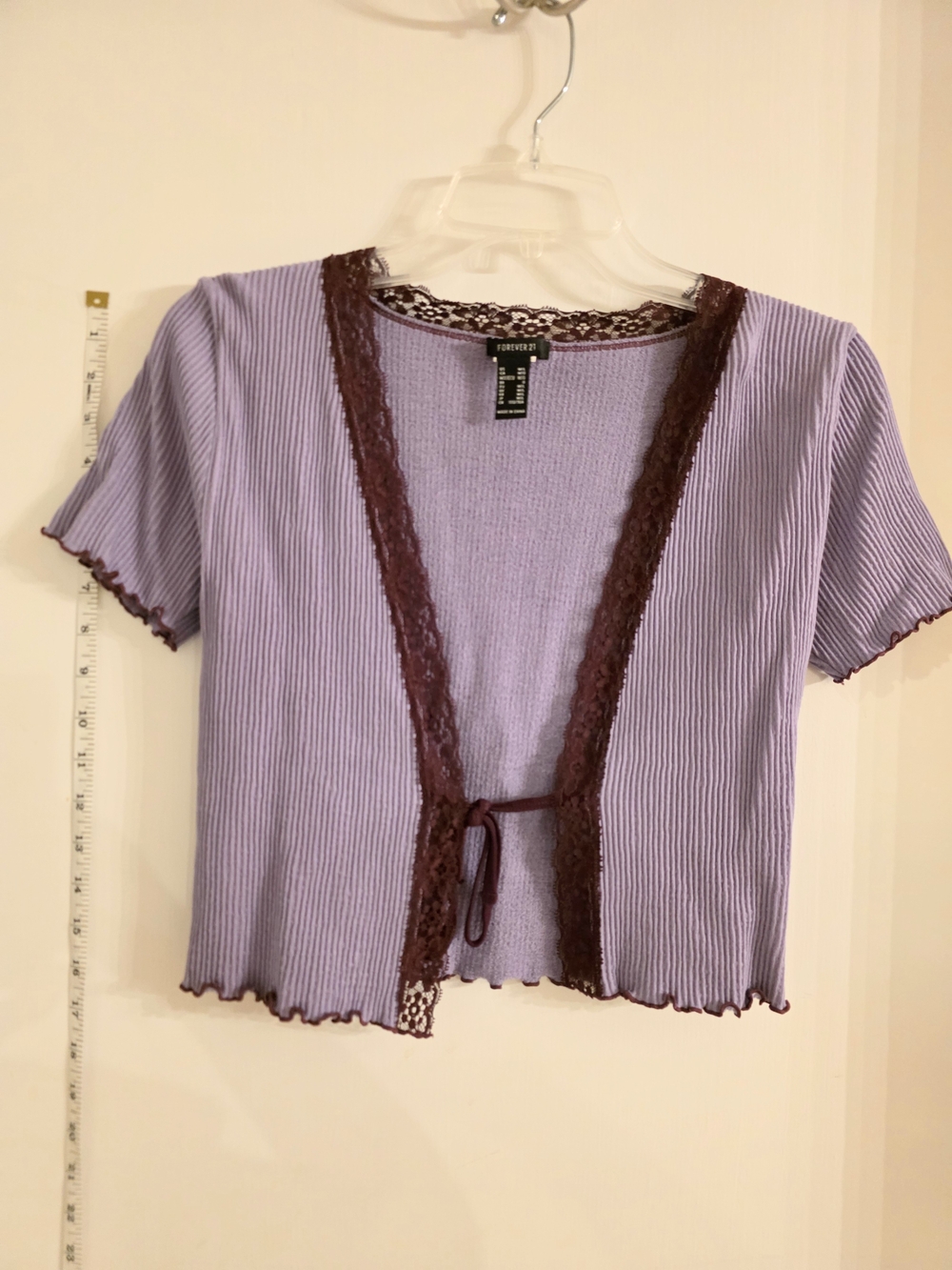 Forever 21 Lavender Short-Sleeve Ribbed Tie-Front Cardigan with Marpon Lace Trim